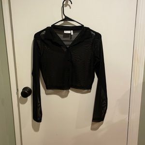 Black cropped mesh button top